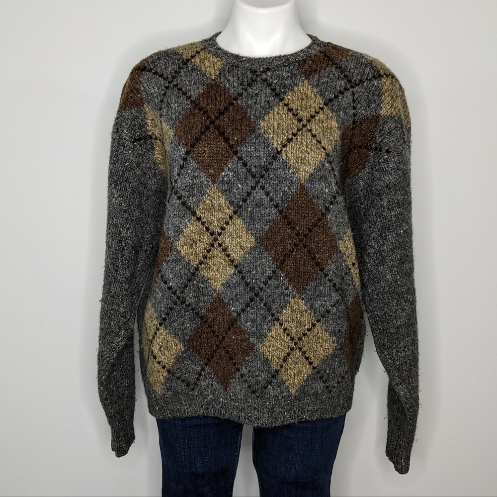 Brooks Brothers grey brown tan argyle wool sweater M
